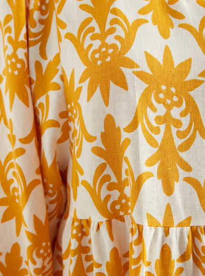 100% Linen Yellow Print V Neck Dress