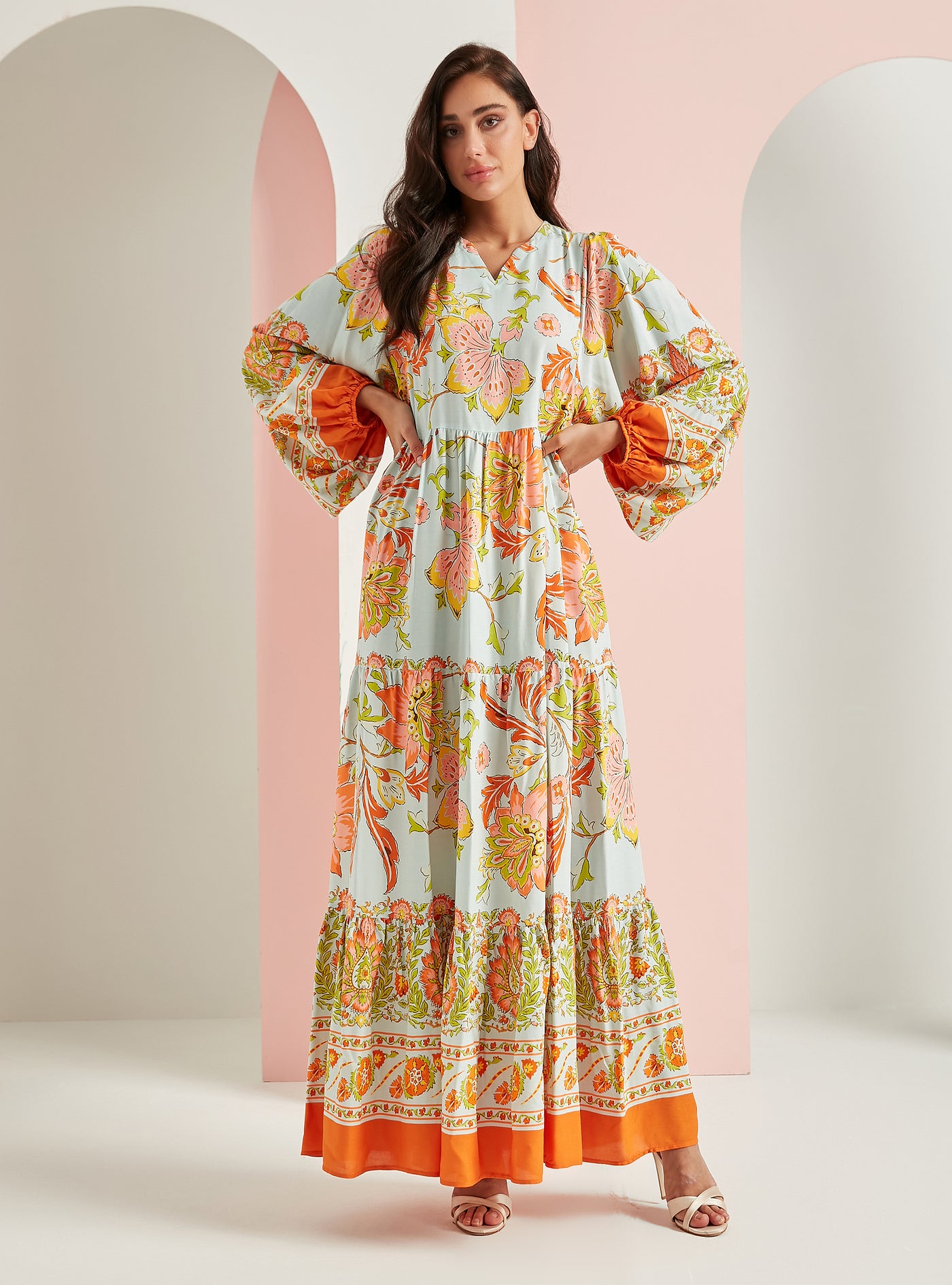 Viscose Orange Flower Print V Neck Maxı Dress