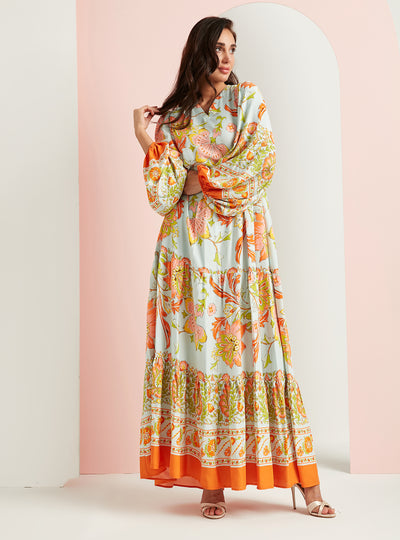 Viscose Orange Flower Print V Neck Maxı Dress