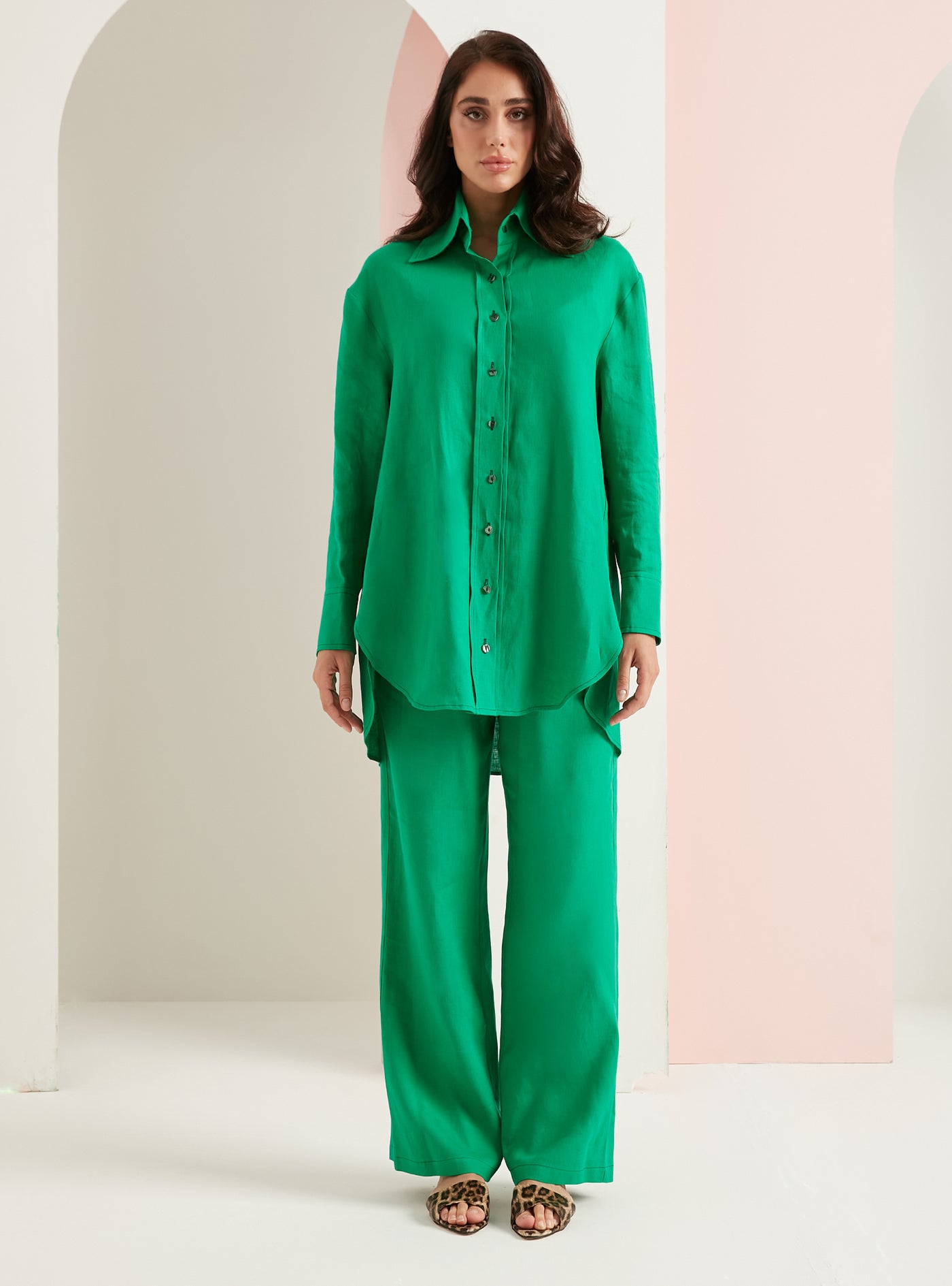 100% Linen Green 2 Piece Shirt And Trouser Set
