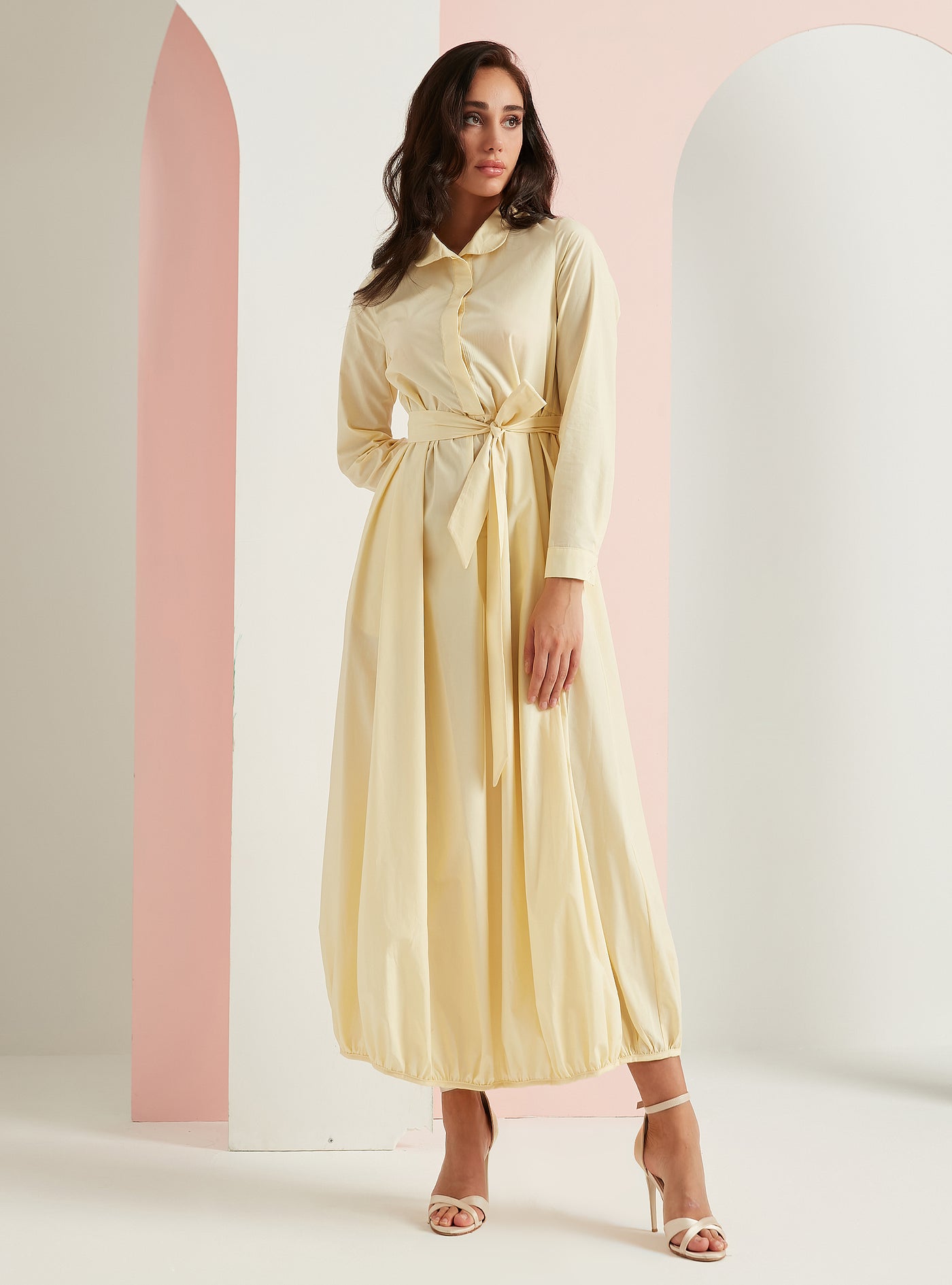 Cotton Yellow Belted Maxi Dress With Pocket