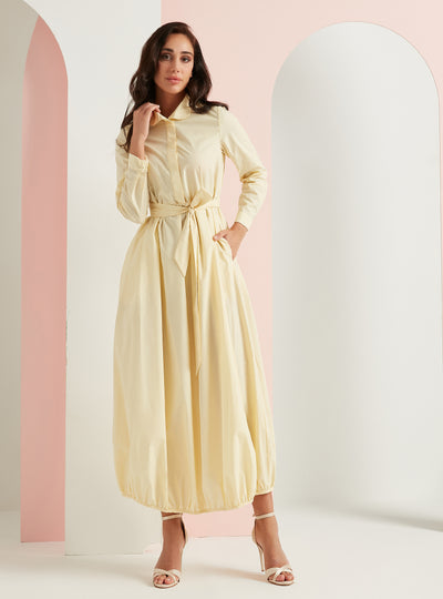 Cotton Yellow Belted Maxi Dress With Pocket