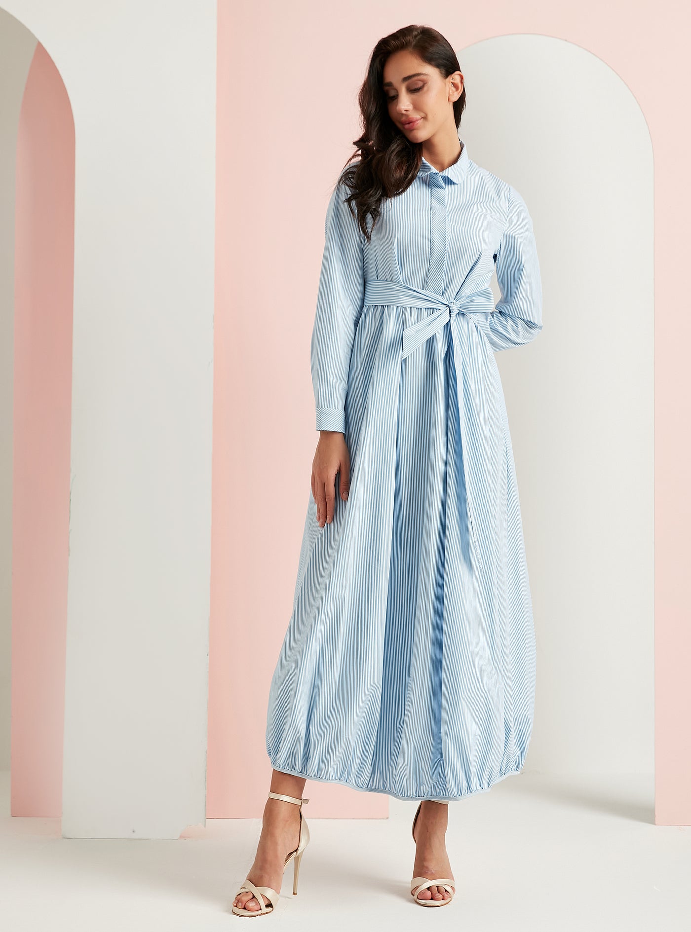 Cotton Blue Stripe Belted Maxi Dress