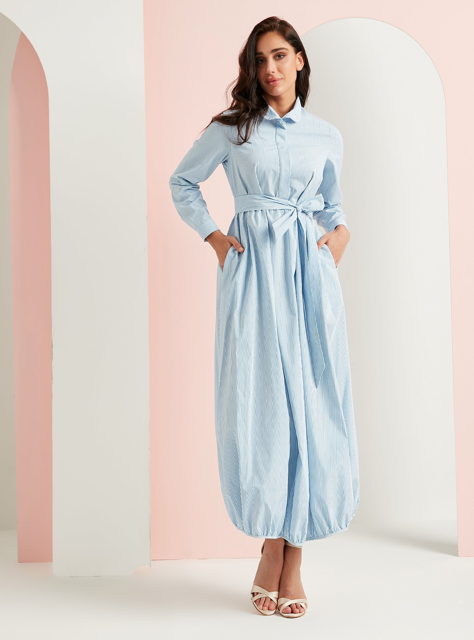 Cotton Blue Stripe Belted Maxi Dress - Store WF