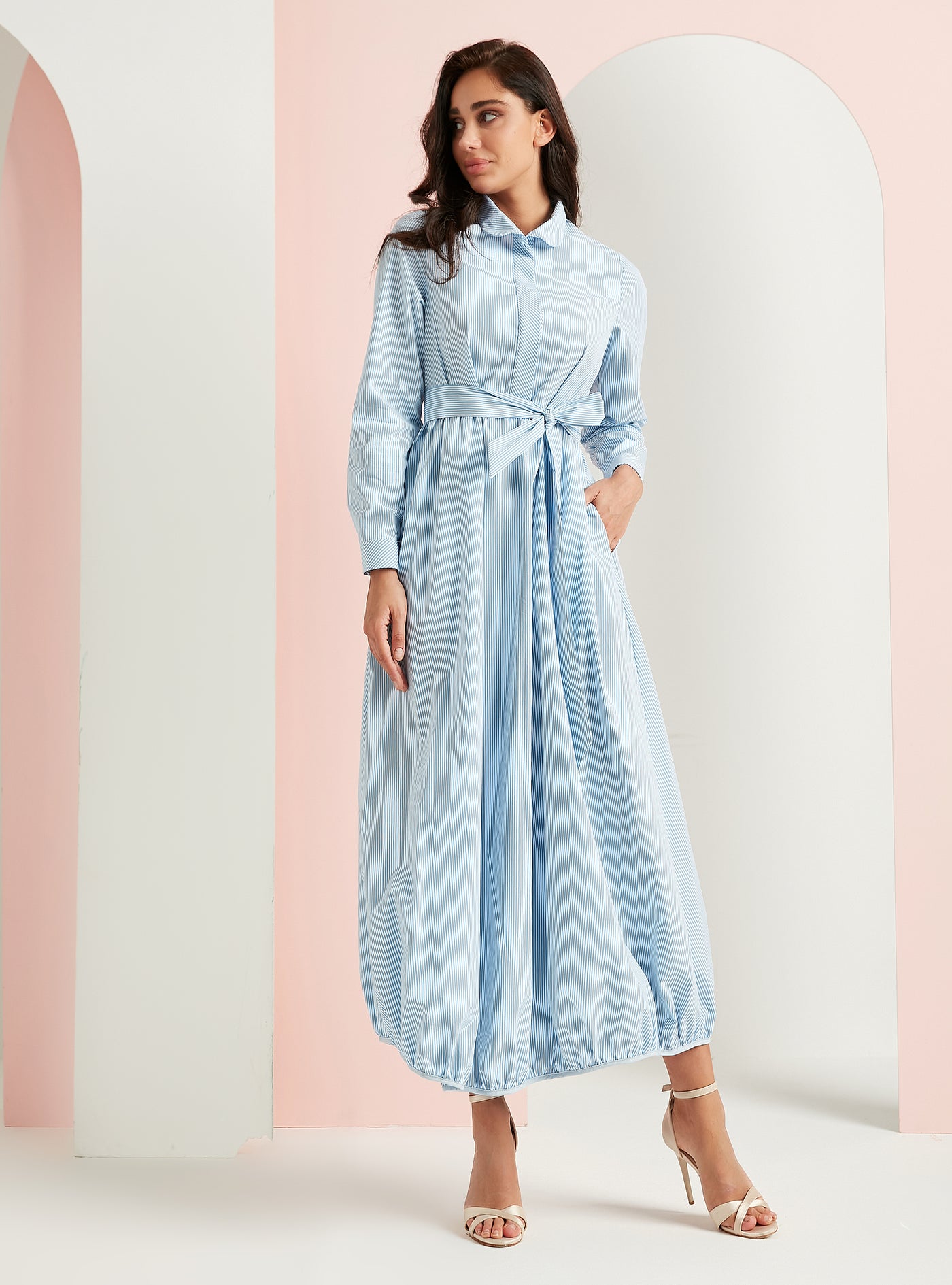 Cotton Blue Stripe Belted Maxi Dress