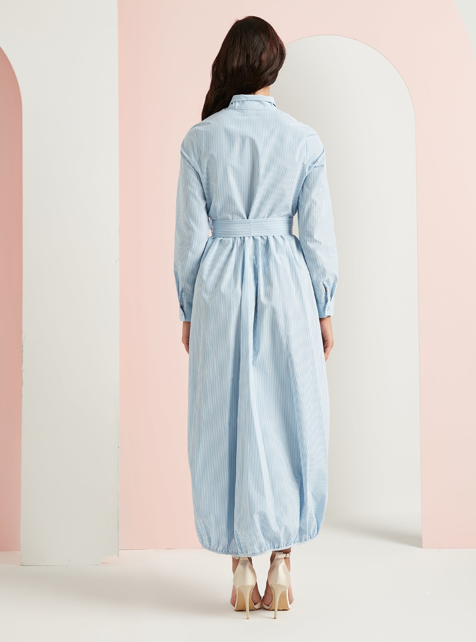 Cotton Blue Stripe Belted Maxi Dress - Store WF