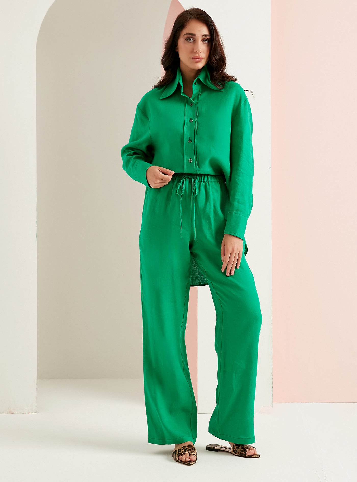 100% Linen Green 2 Piece Shirt And Trouser Set