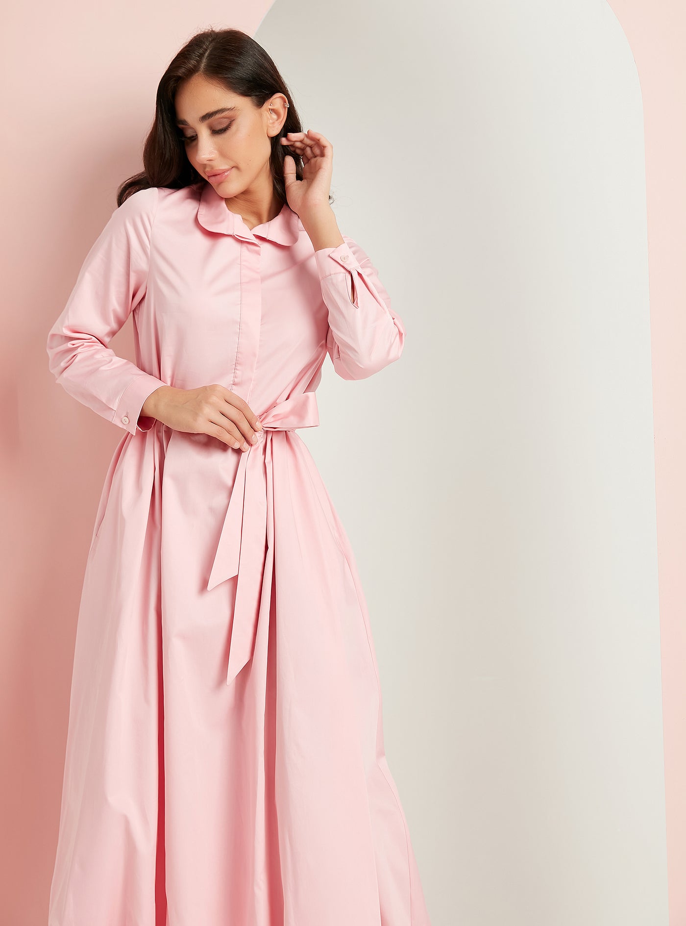 Cotton Pink Belted Maxi Dress With Pocket