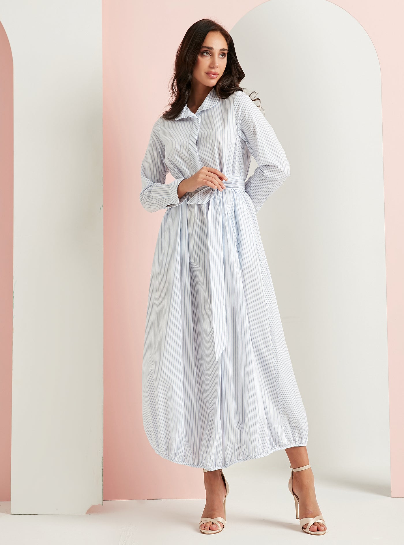 Cotton White Stripe Belted Maxi Dress