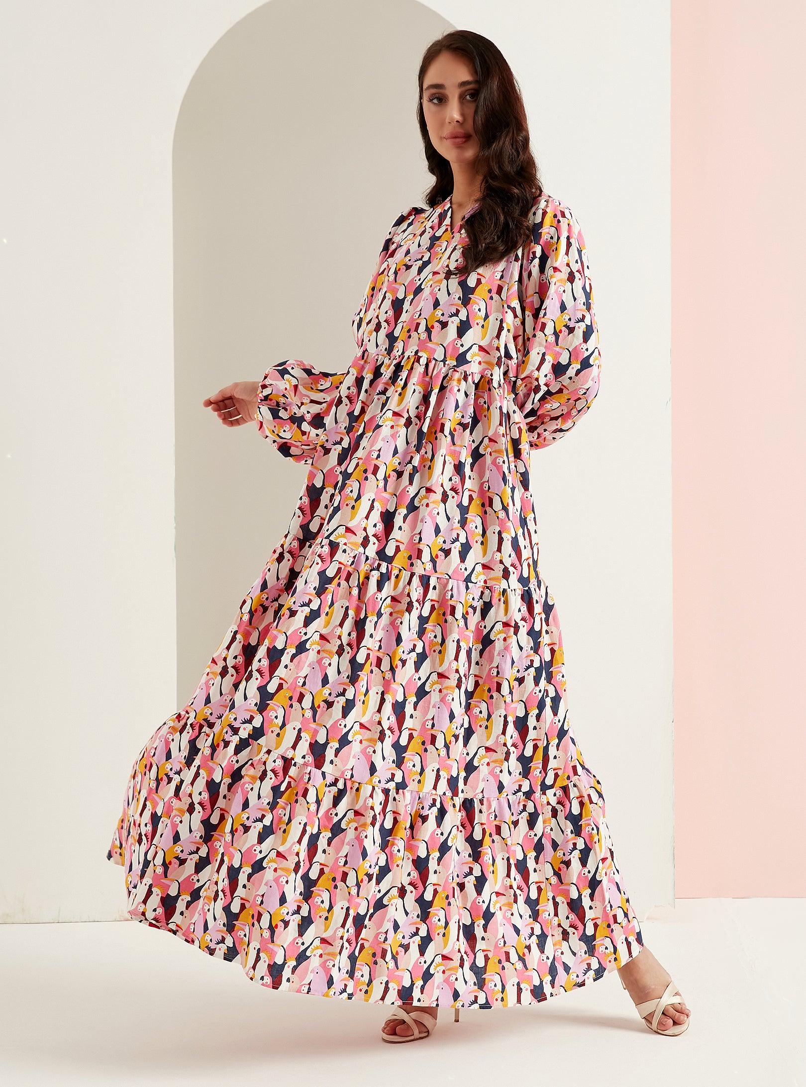 Parrot Print Linen V-Neck Maxi Dress - WF Atelier - Store WF