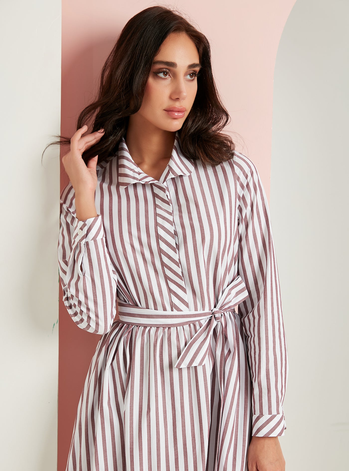Cotton Burgundy Stripe Belted Maxi Dress