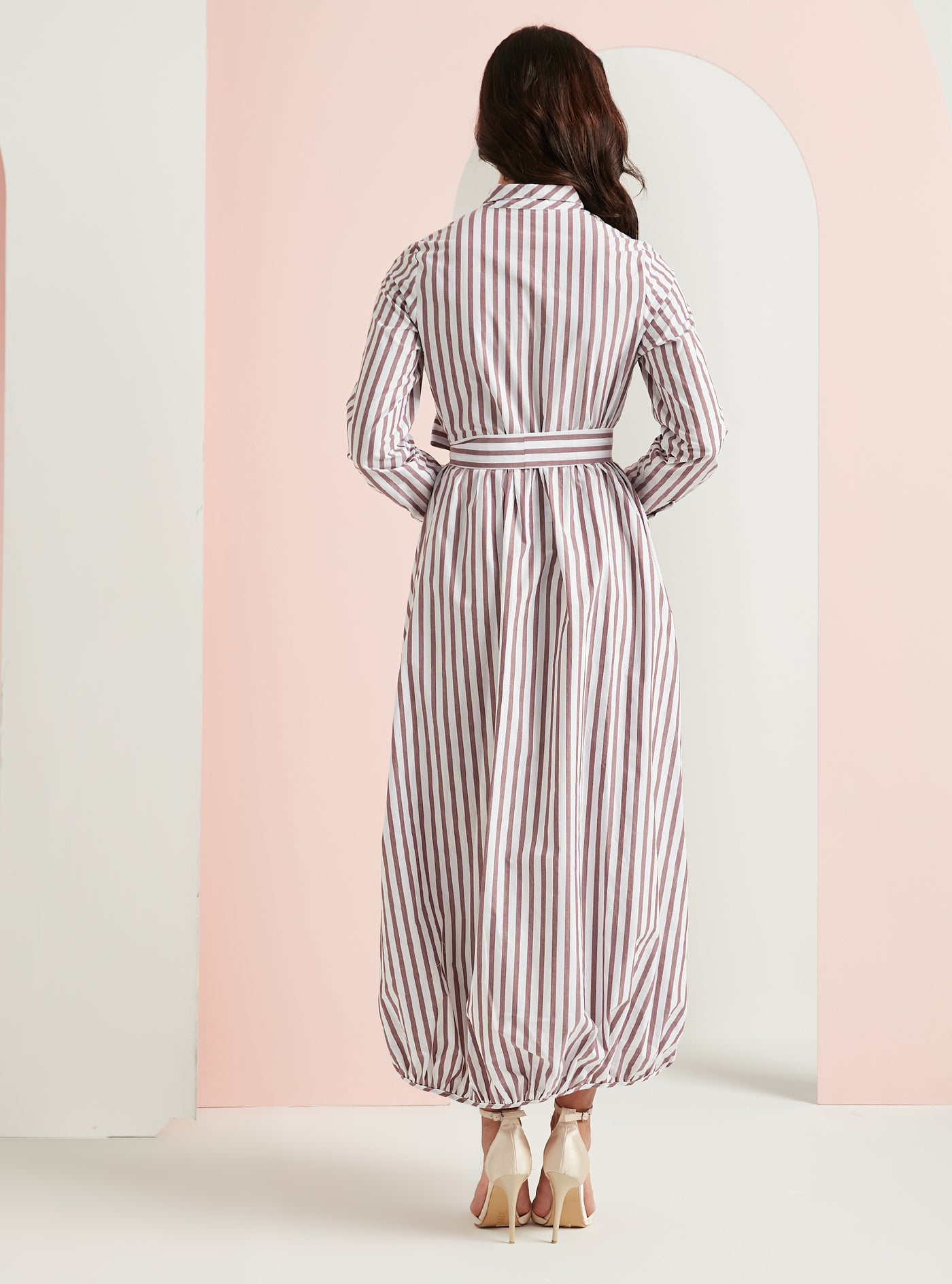 Cotton Burgundy Stripe Belted Maxi Dress