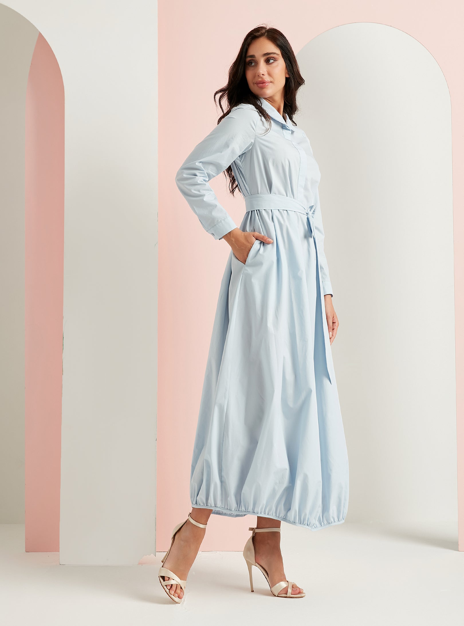 Cotton Blue Belted Maxi Dress With Pocket - Store WF