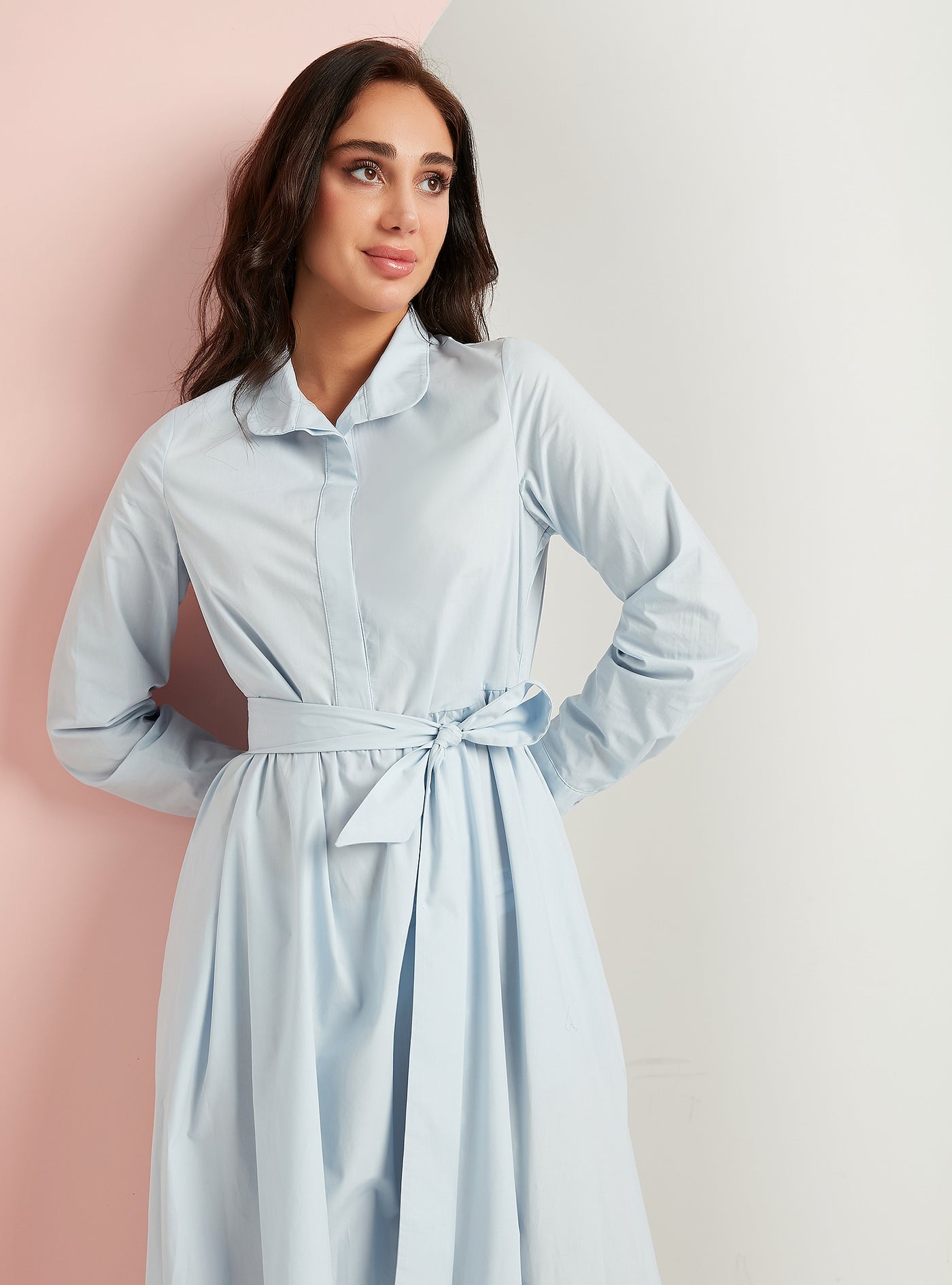 Cotton Blue Belted Maxi Dress With Pocket