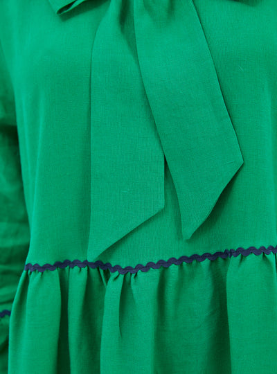 100% Linen Green Tie Neck Maxi Dress