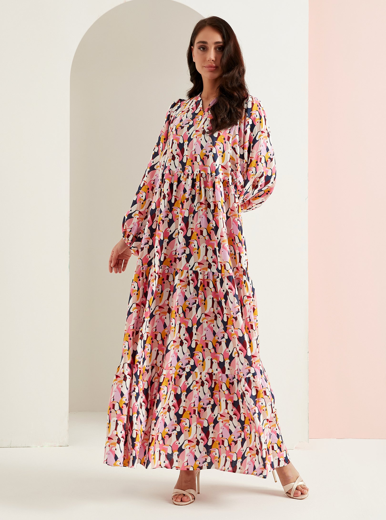 Parrot Print Linen V-Neck Maxi Dress - WF Atelier - Store WF