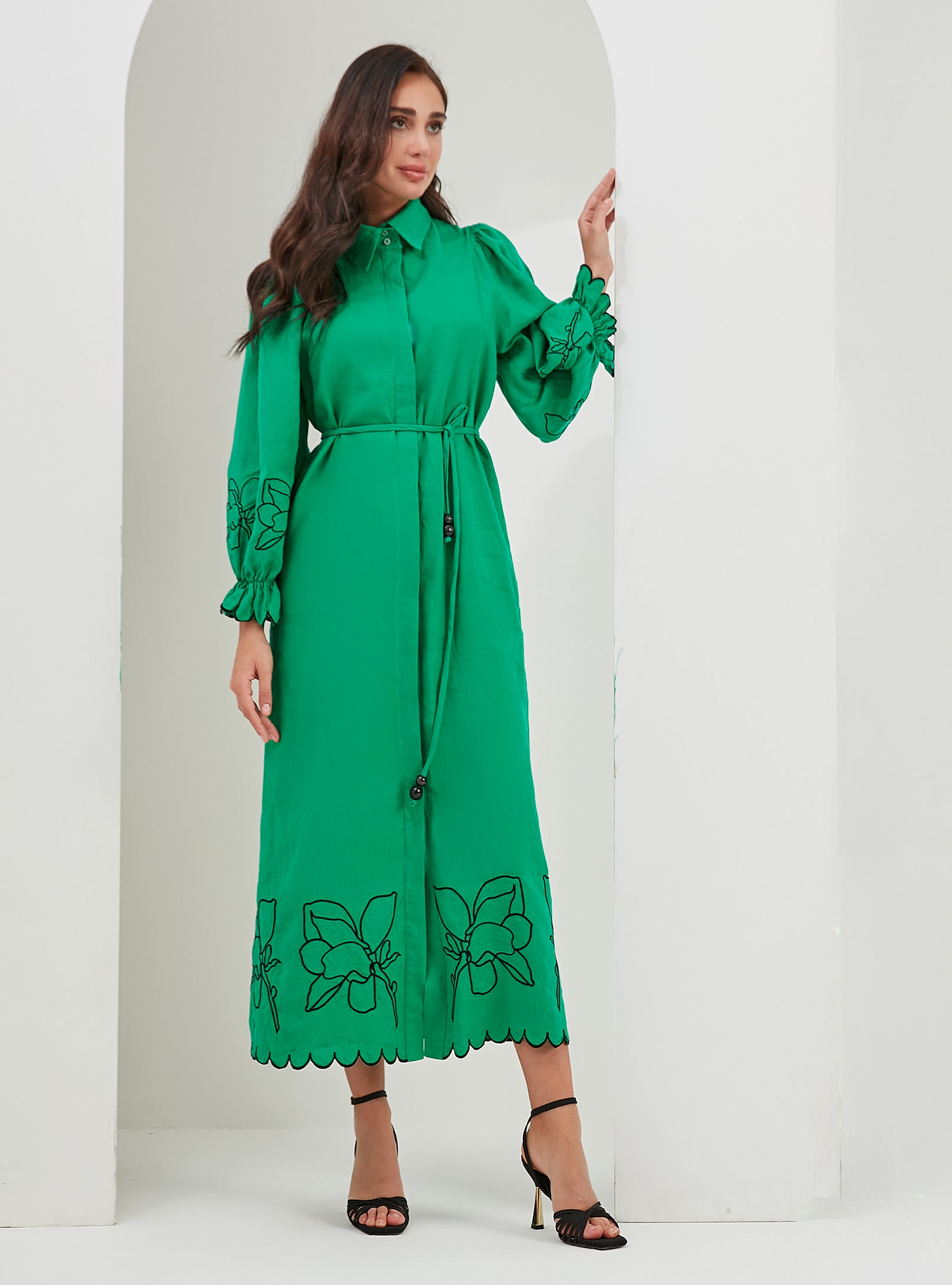 100% Washed Linen Green Embroidery Belted Maxi Dress - Store WF