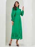 100% Washed Linen Green Embroidery Belted Maxi Dress - Store WF