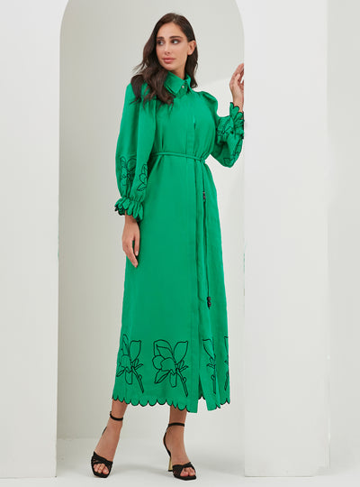 100% Linen Green Embroidery Belted Maxi Dress