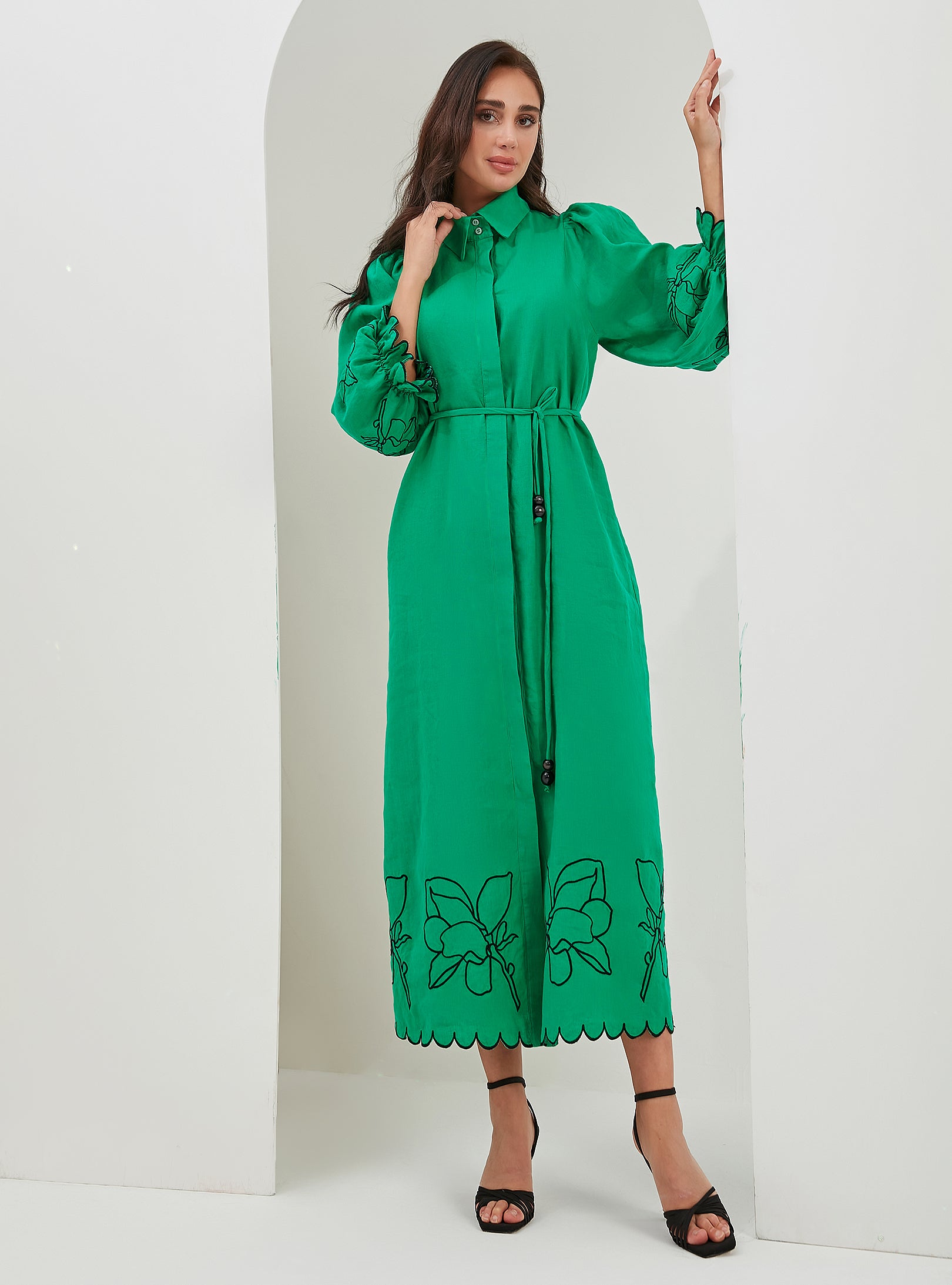 100% Washed Linen Green Embroidery Belted Maxi Dress - Store WF