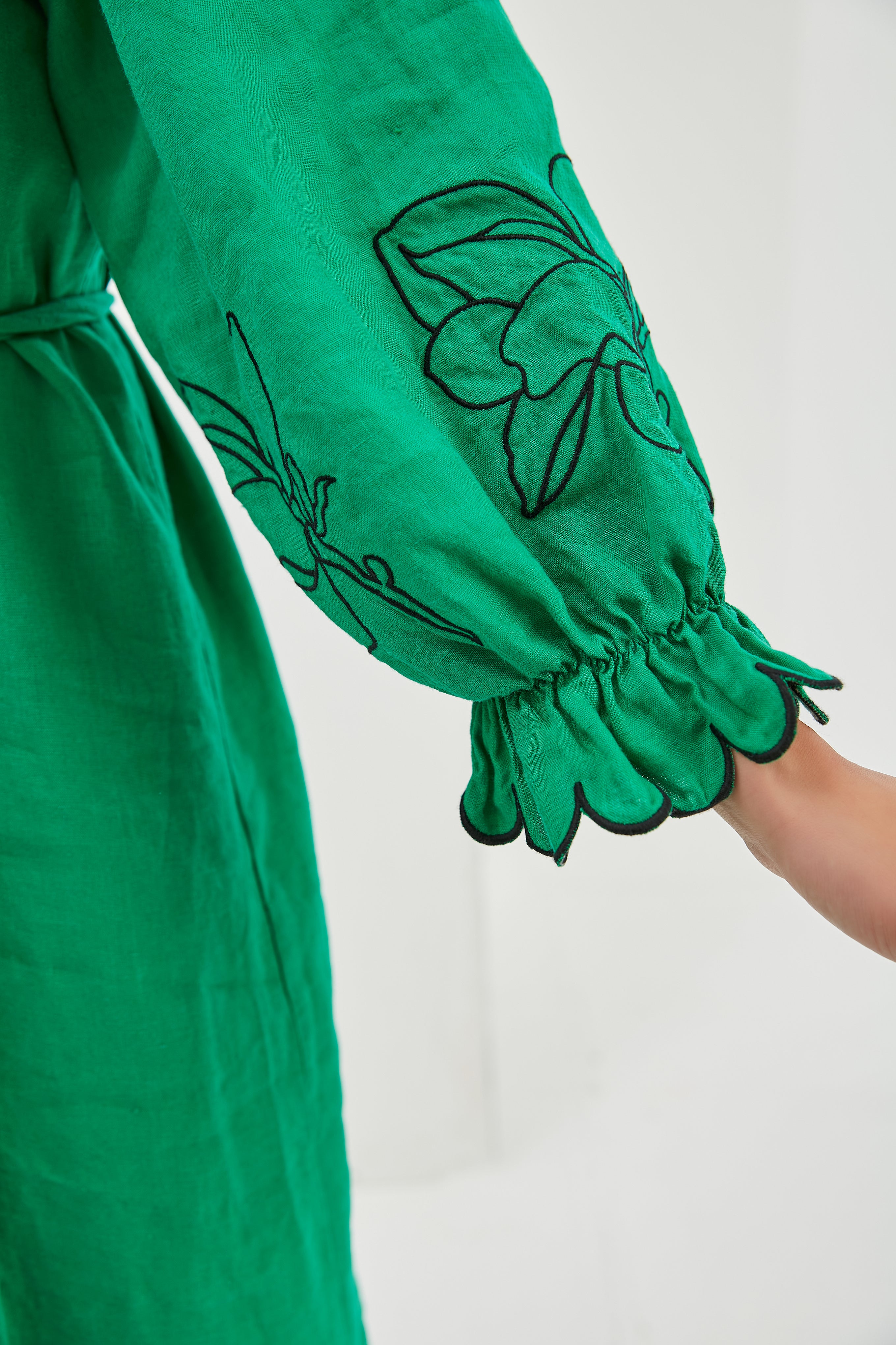 100% Washed Linen Green Embroidery Belted Maxi Dress - Store WF