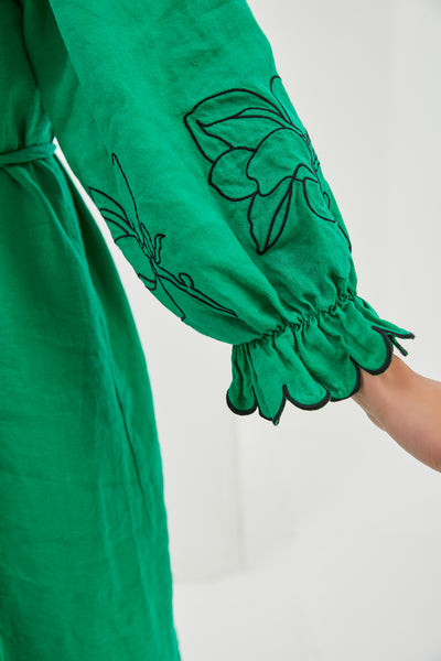 100% Linen Green Embroidery Belted Maxi Dress