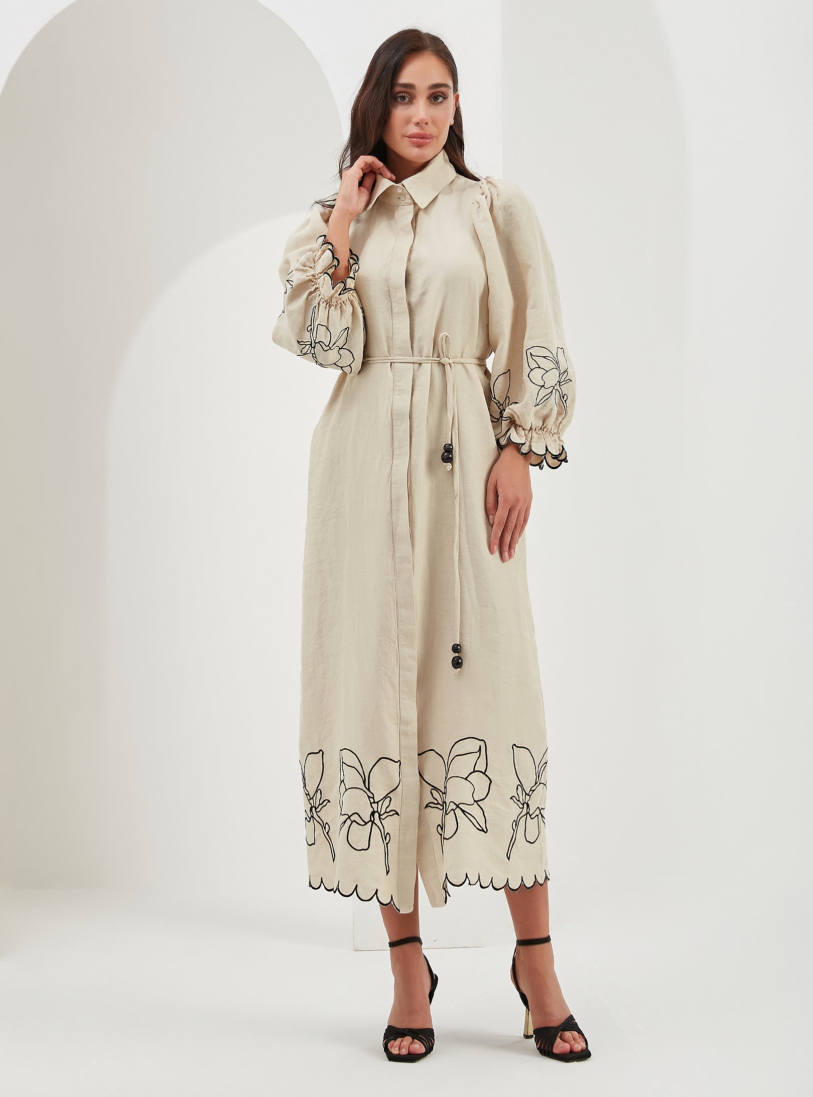 100% Washed Linen Beige Embroidery Belted Maxi Dress Store WF 100% Washed Linen Beige Embroidery Belted Maxi Dress Store WF