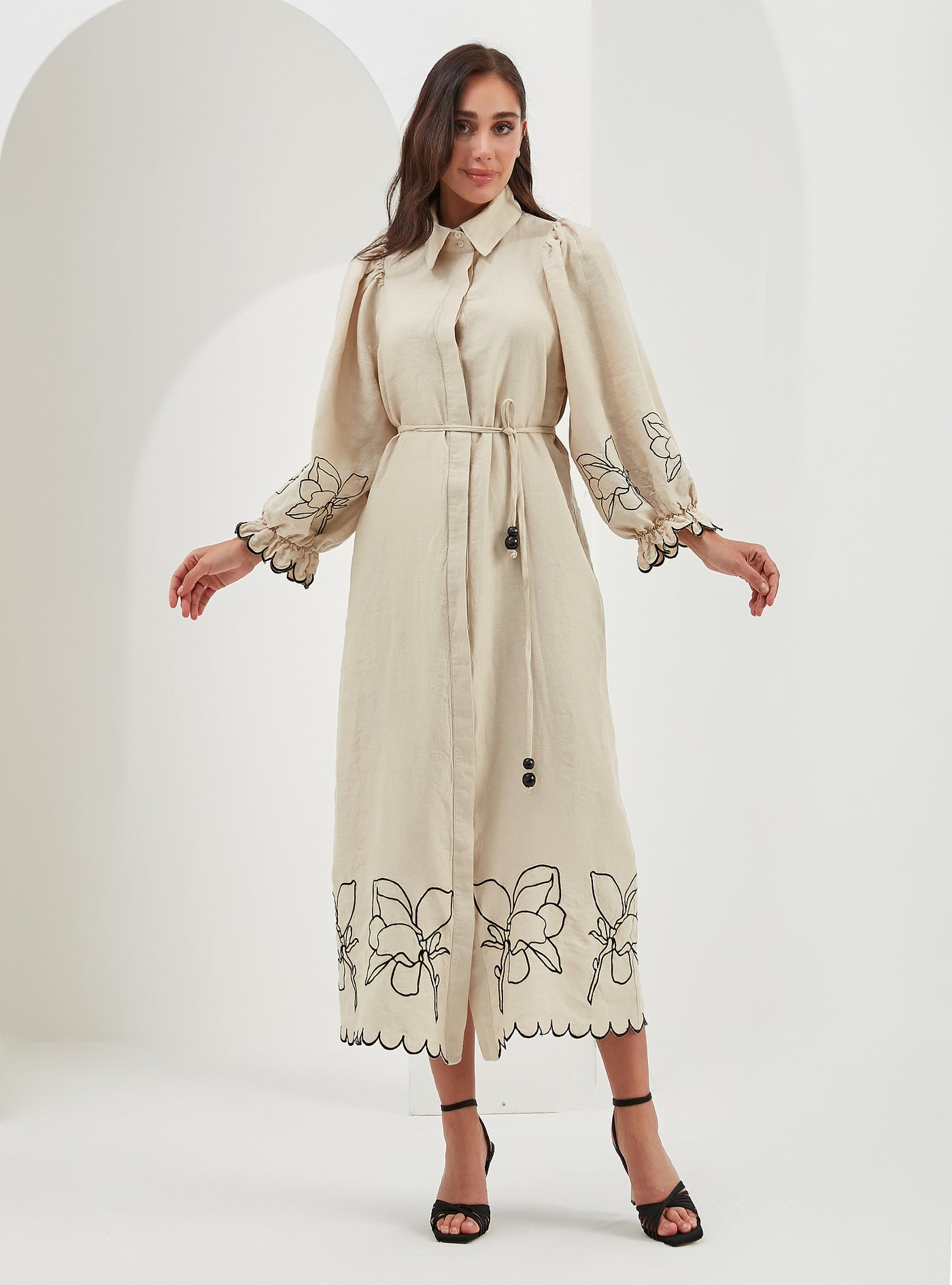 100% Linen Beige Embroidery Belted Maxi Dress