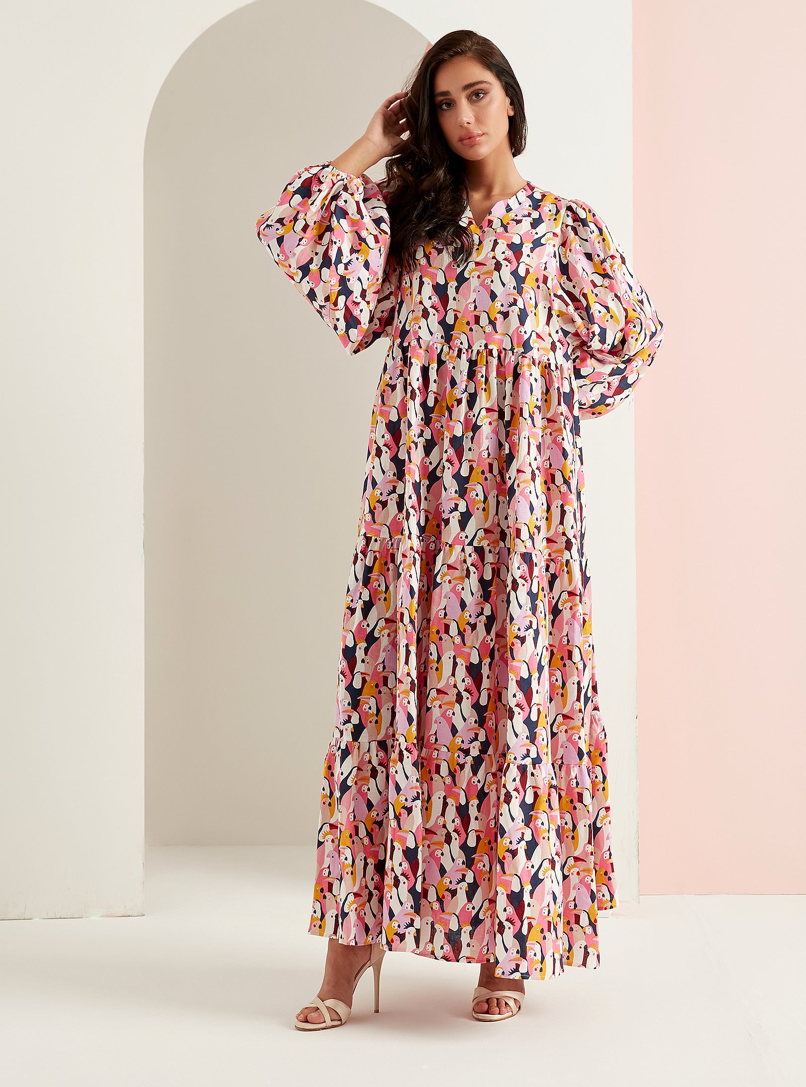 Parrot Print Linen V-Neck Maxi Dress - WF Atelier - Store WF