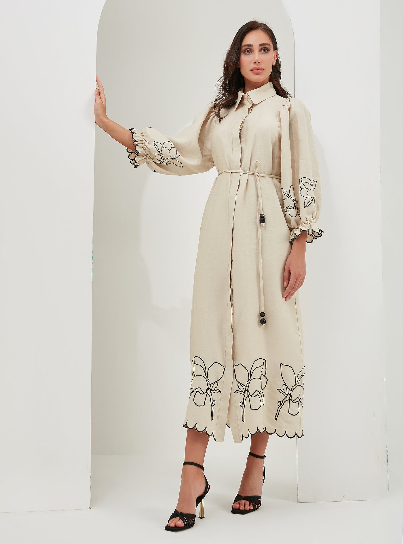 100% Linen Beige Embroidery Belted Maxi Dress