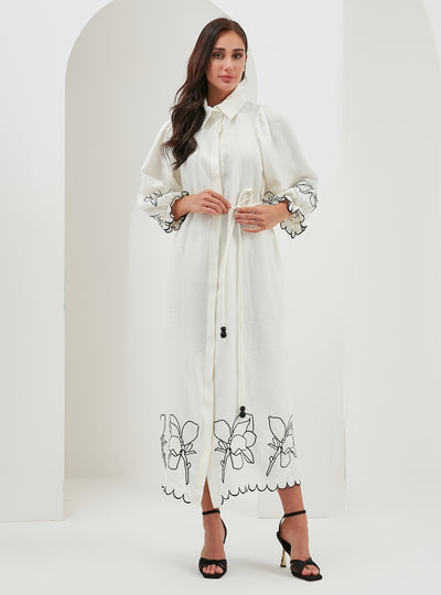100% Linen White Embroidery Belted Maxi Dress