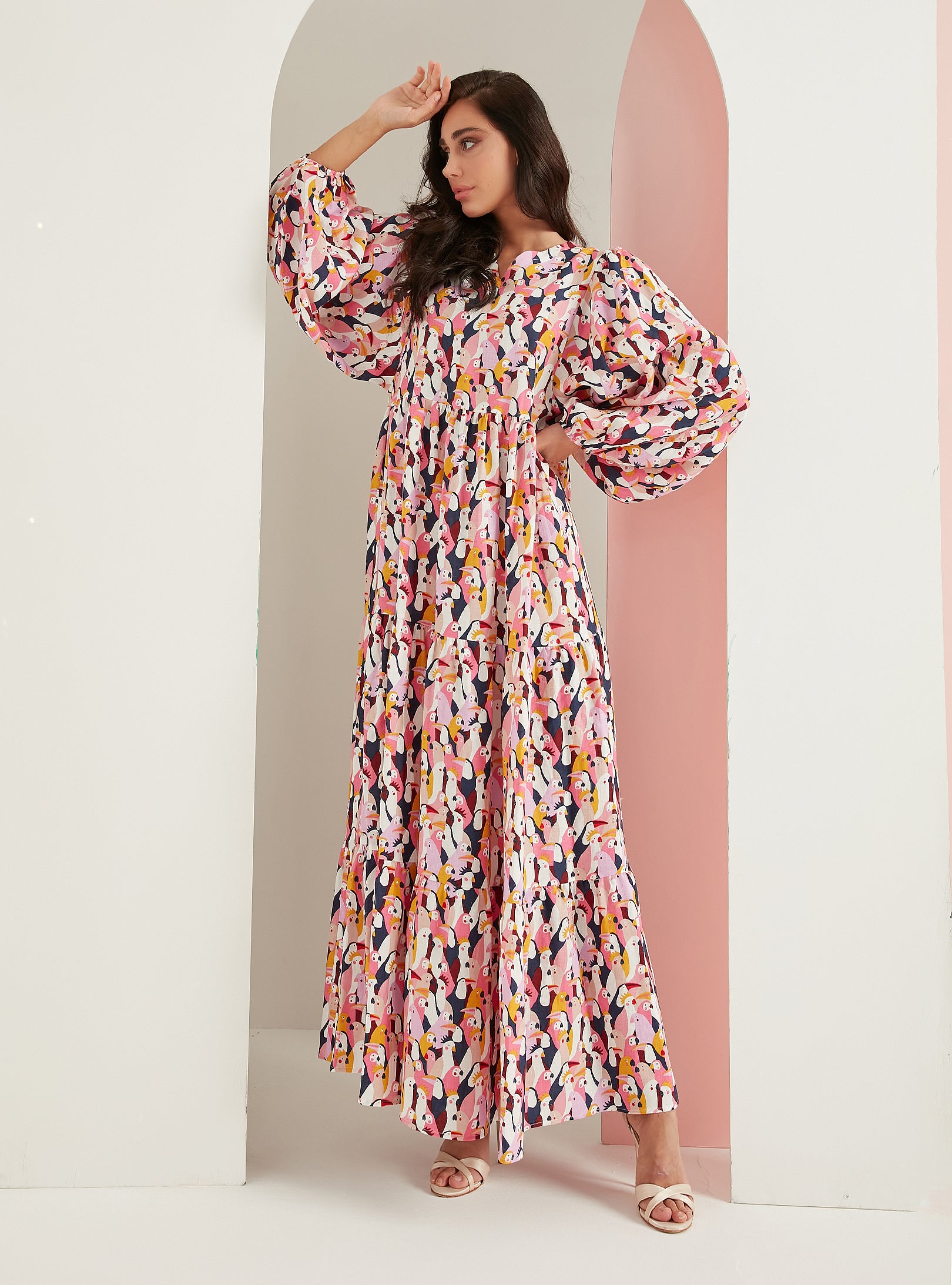 Parrot Print Linen V-Neck Maxi Dress - WF Atelier - Store WF