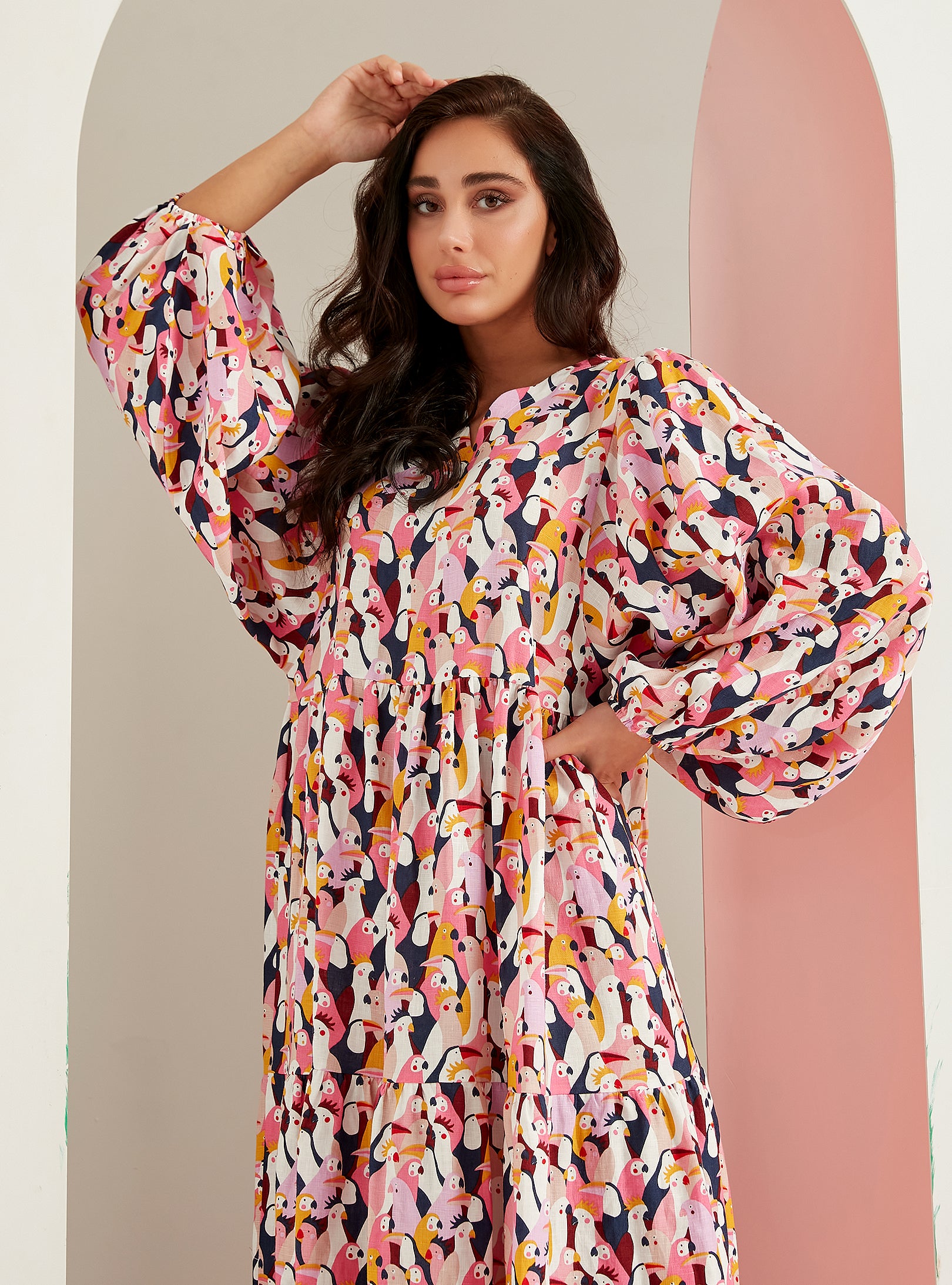 Parrot Print Linen V-Neck Maxi Dress - WF Atelier - Store WF