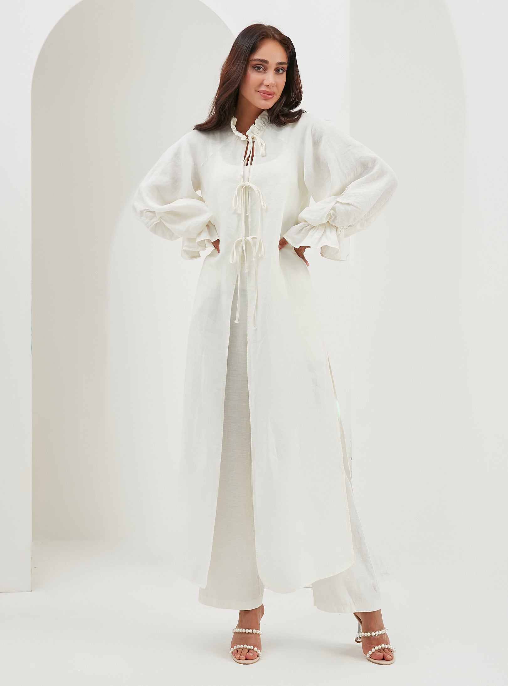 100% Washed Linen Off-White Balloon Sleeve Kimono Trousers Set - Store WF