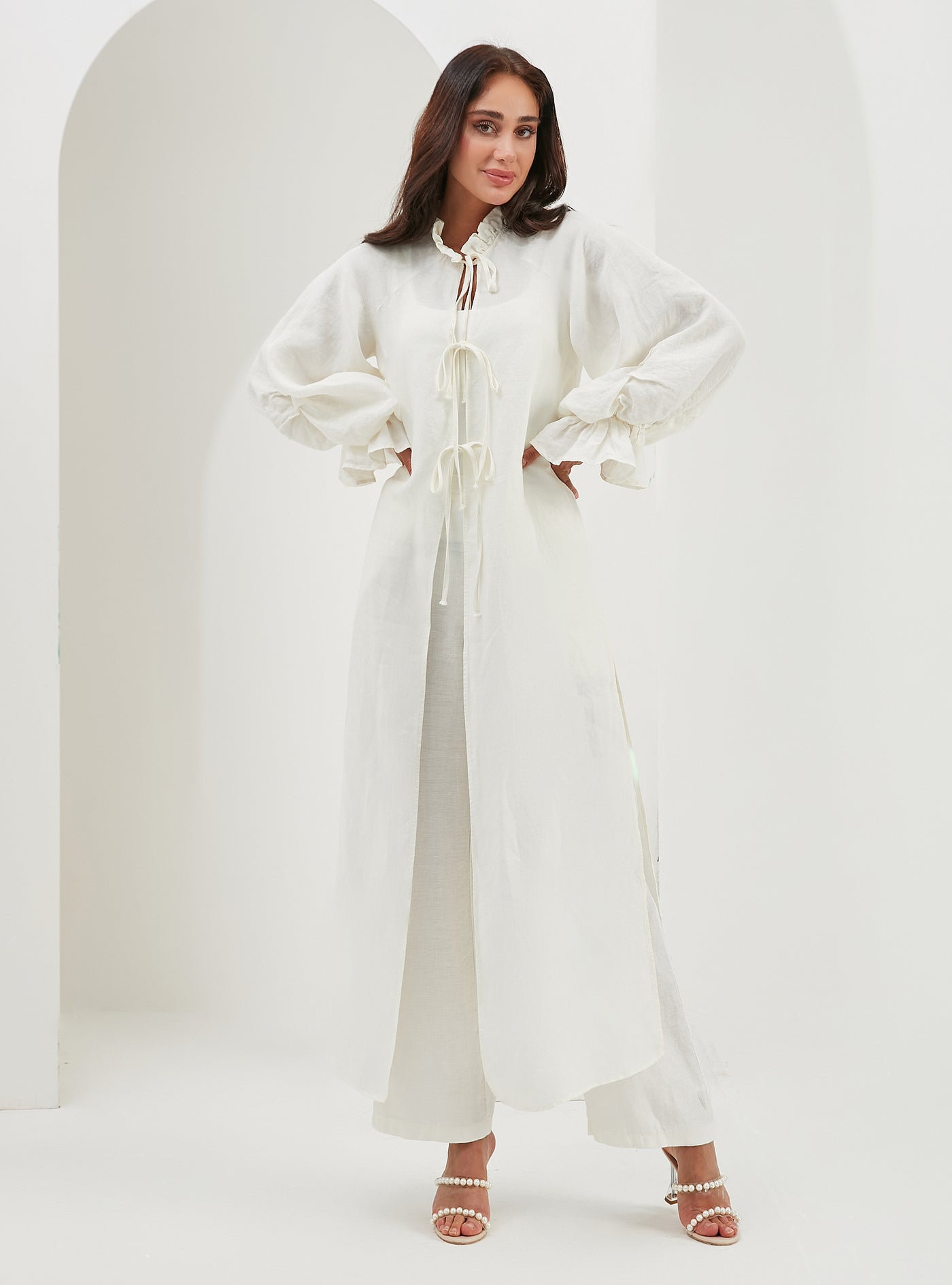100% Linen Off-White Balloon Sleeve Kimono Trousers Set
