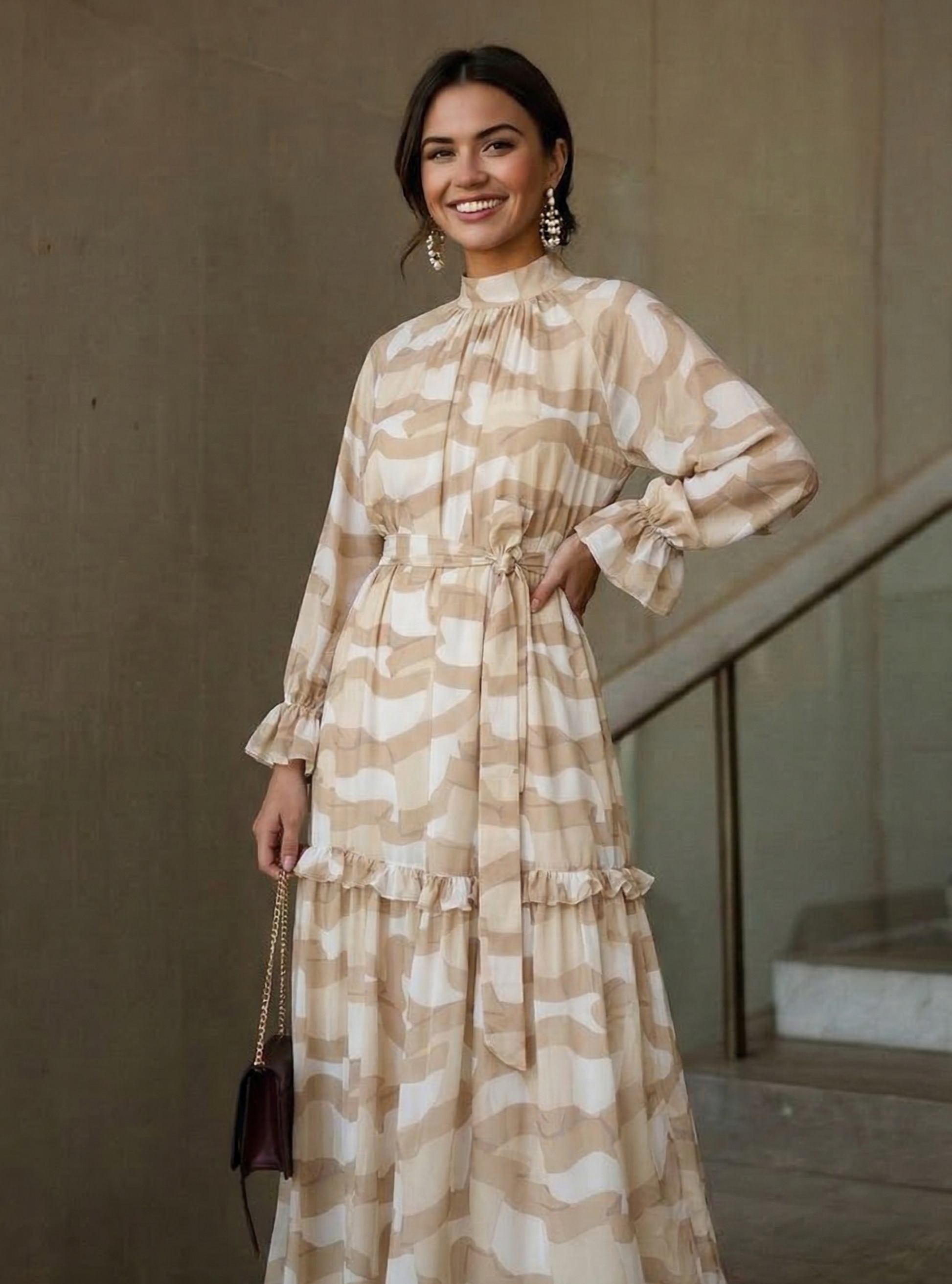 Cream Beige Printed Maxi Dress - Modest Long Sleeve Tiered Dress Store WF Cream Beige Printed Maxi Dress - Modest Long Sleeve Tiered Dress Store WF
