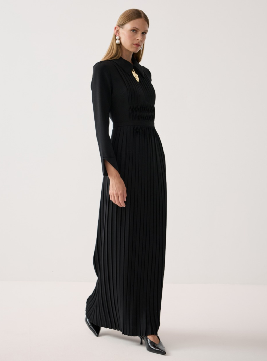Black Smocked & Pleated Maxi Dress - Store WF