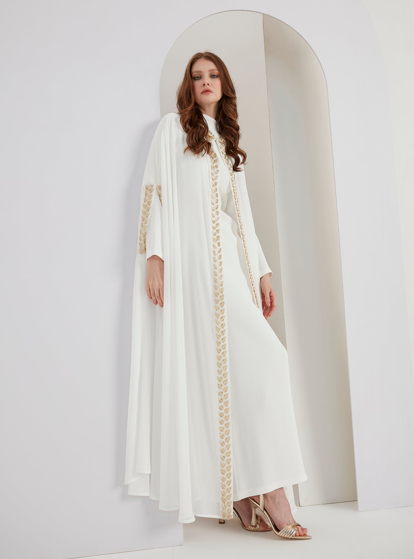 White Embellished Cape & Dress Set