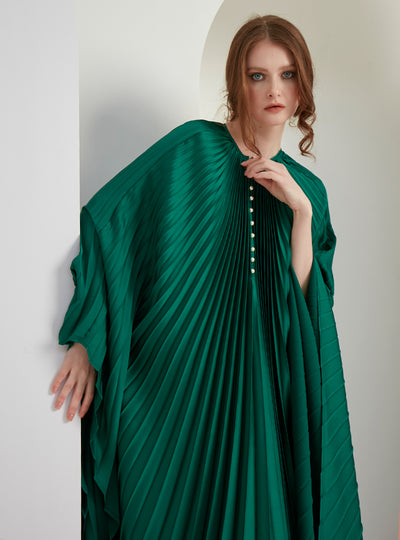 Pearls Button plisse-satin maxi dress kaftan Emerald
