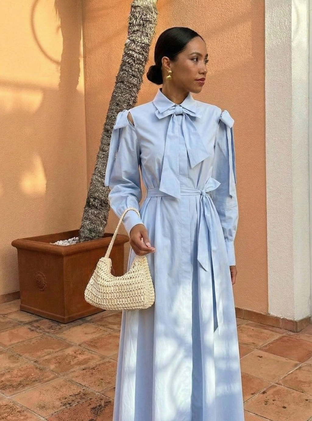 Bow Detailed Blue Poplin Cotton Maxi Dress - Store WF