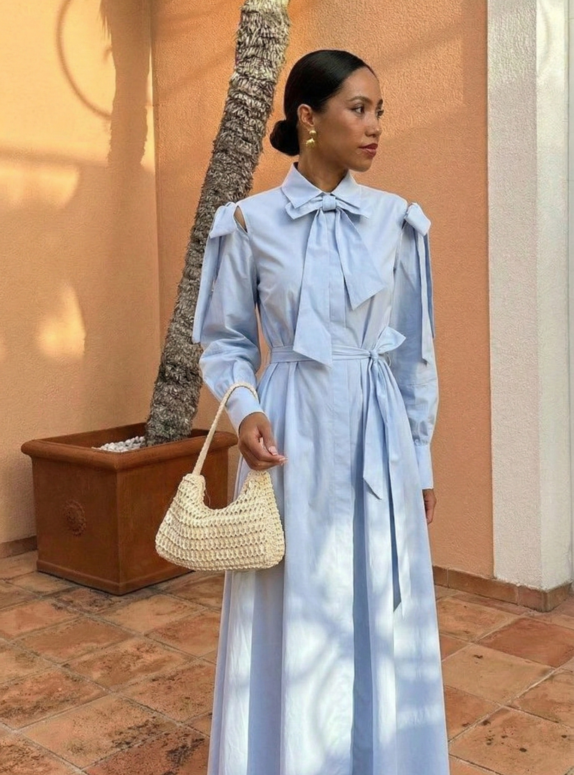 Bow Detailed Blue Poplin Cotton Maxi Dress