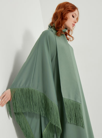 Mint Fringed Kaftan Dress With Tie Neck Detailed
