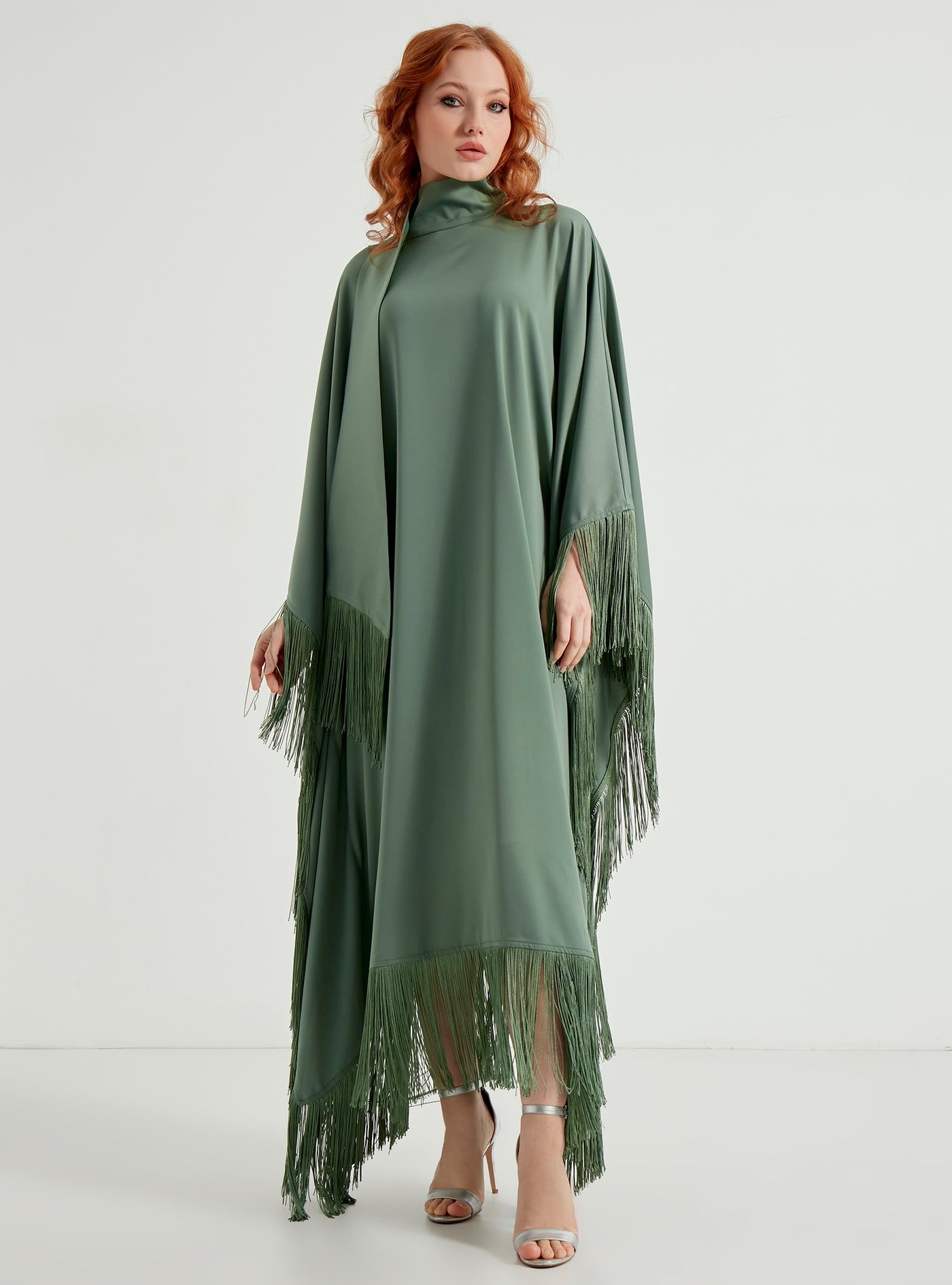 Mint Fringed Kaftan Dress With Tie Neck Detailed