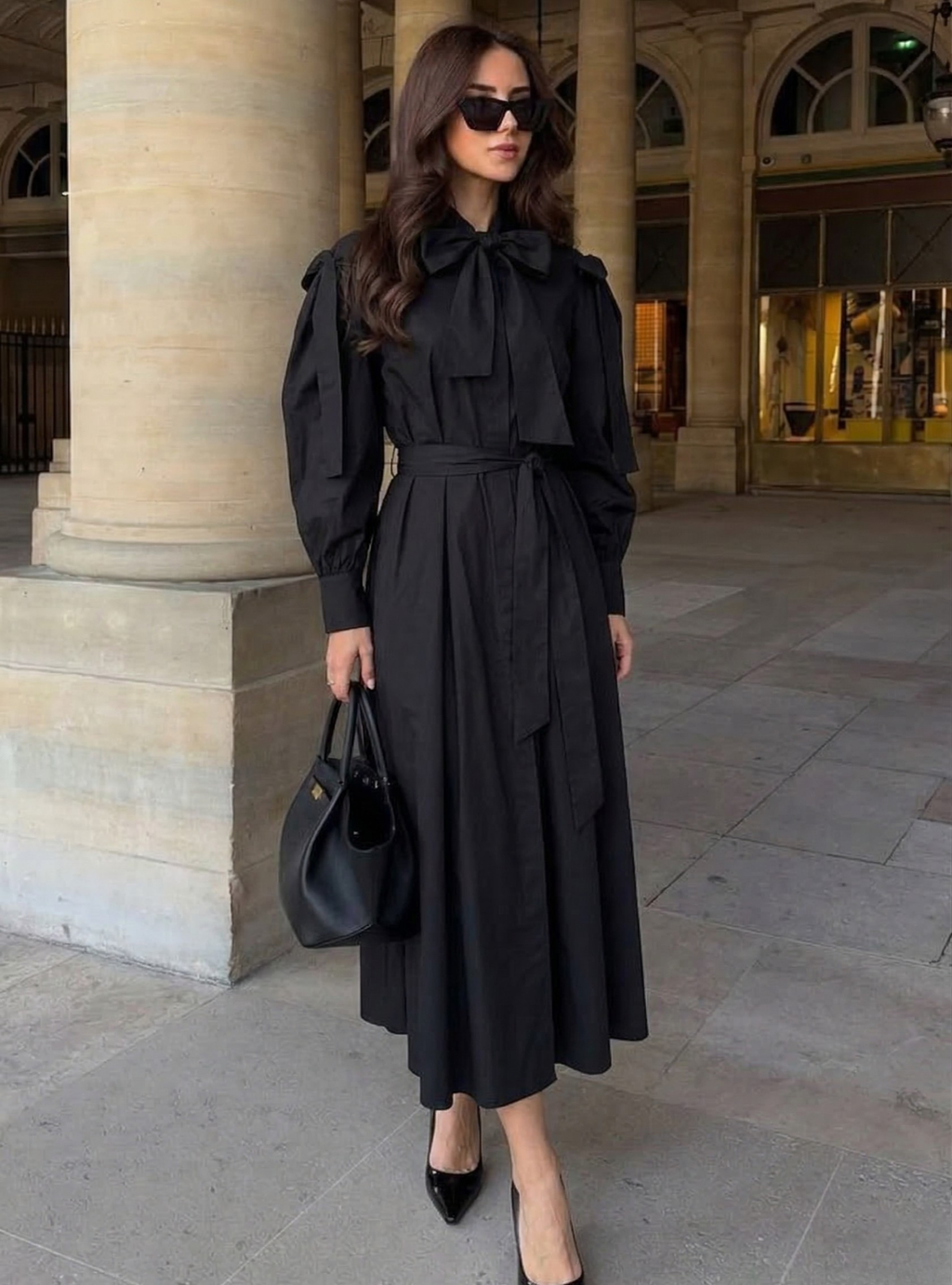 Bow Detailed Black Poplin Cotton Maxi Dress - Store WF