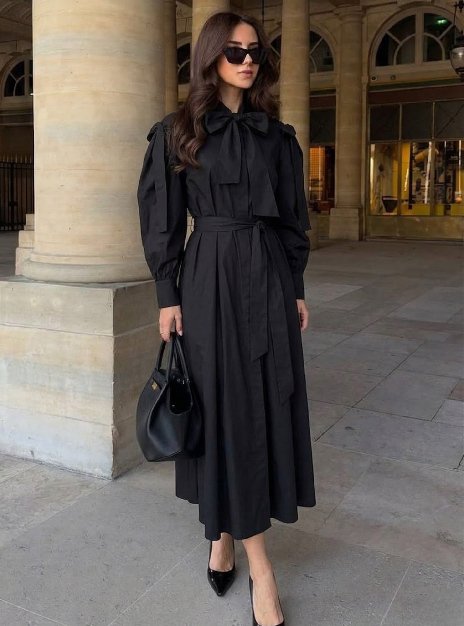 Bow Detailed Black Poplin Cotton Maxi Dress - Store WF