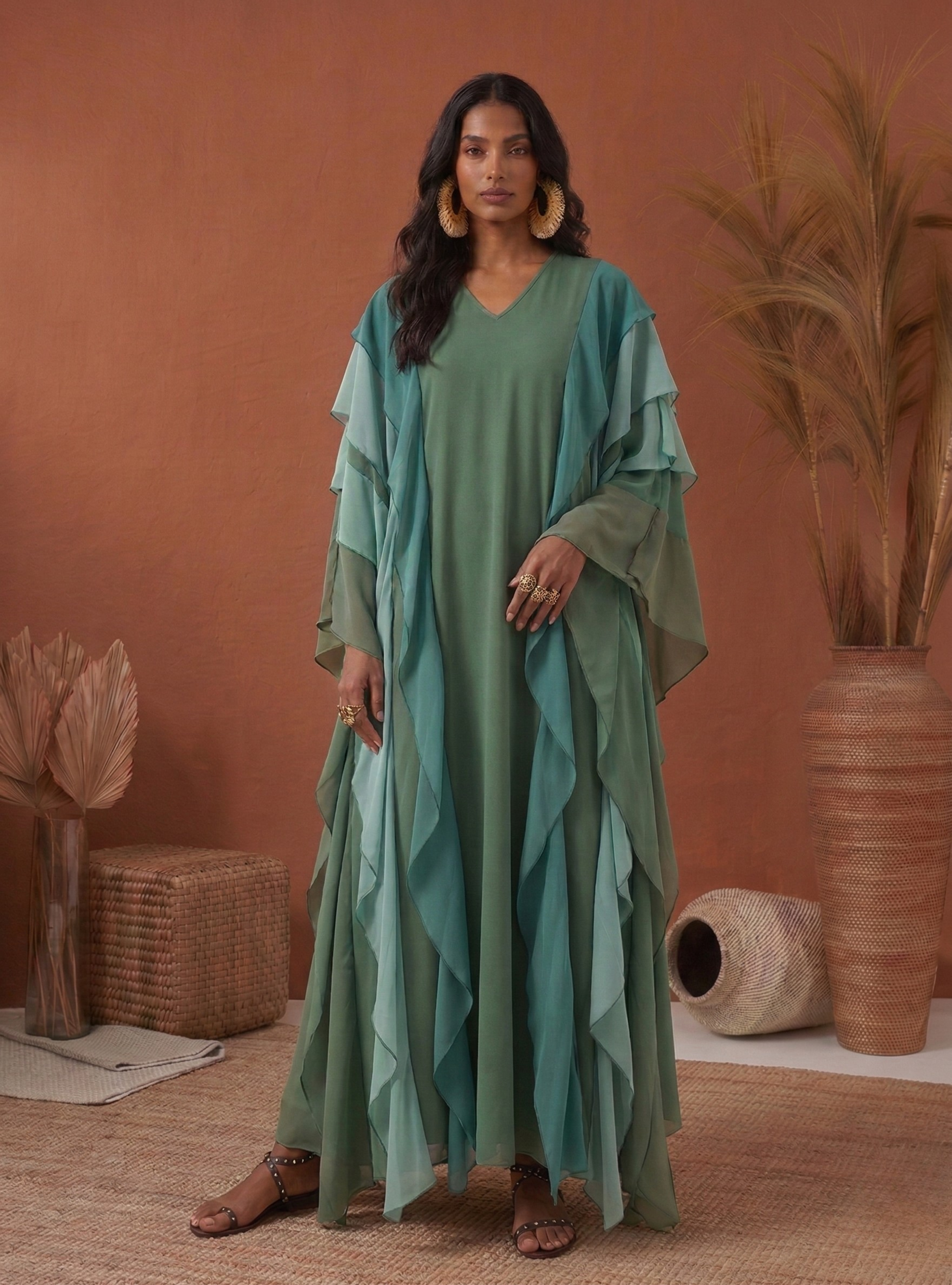 Mint Multi Colour Ruffled V Neck Kaftan Dress - Oversize Evening Wear Store WF Mint Multi Colour Ruffled V Neck Kaftan Dress - Oversize Evening Wear Store WF