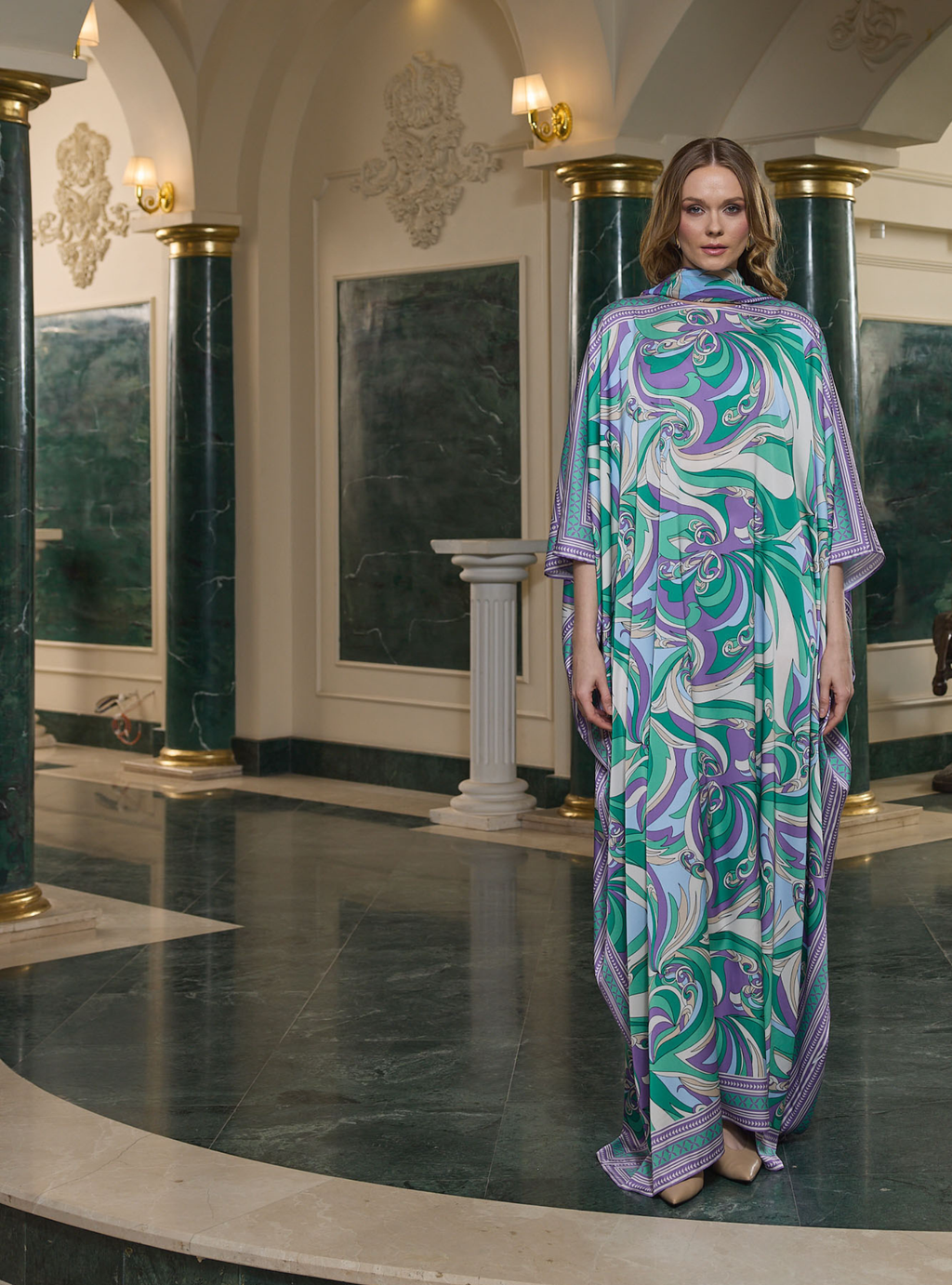 Multi Colour Printed Kaftan with Scarf Set