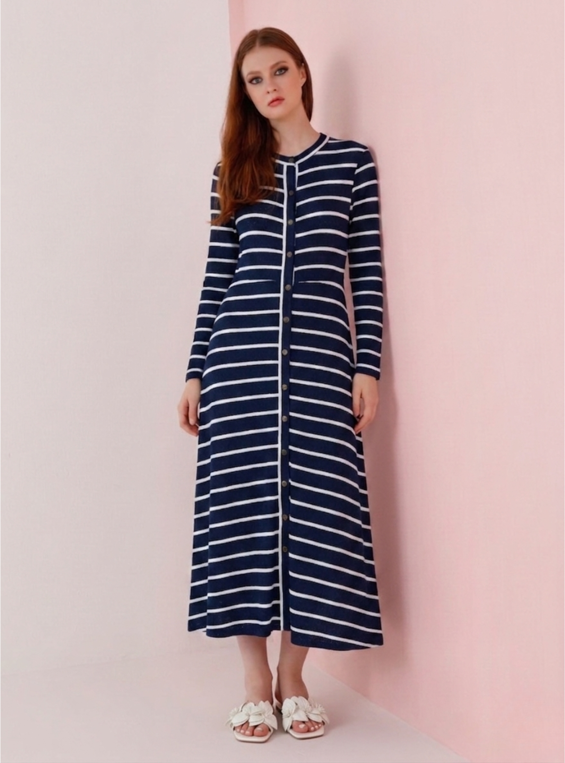 Navy Blue Stripe All-Season Ribbed Knit Dress