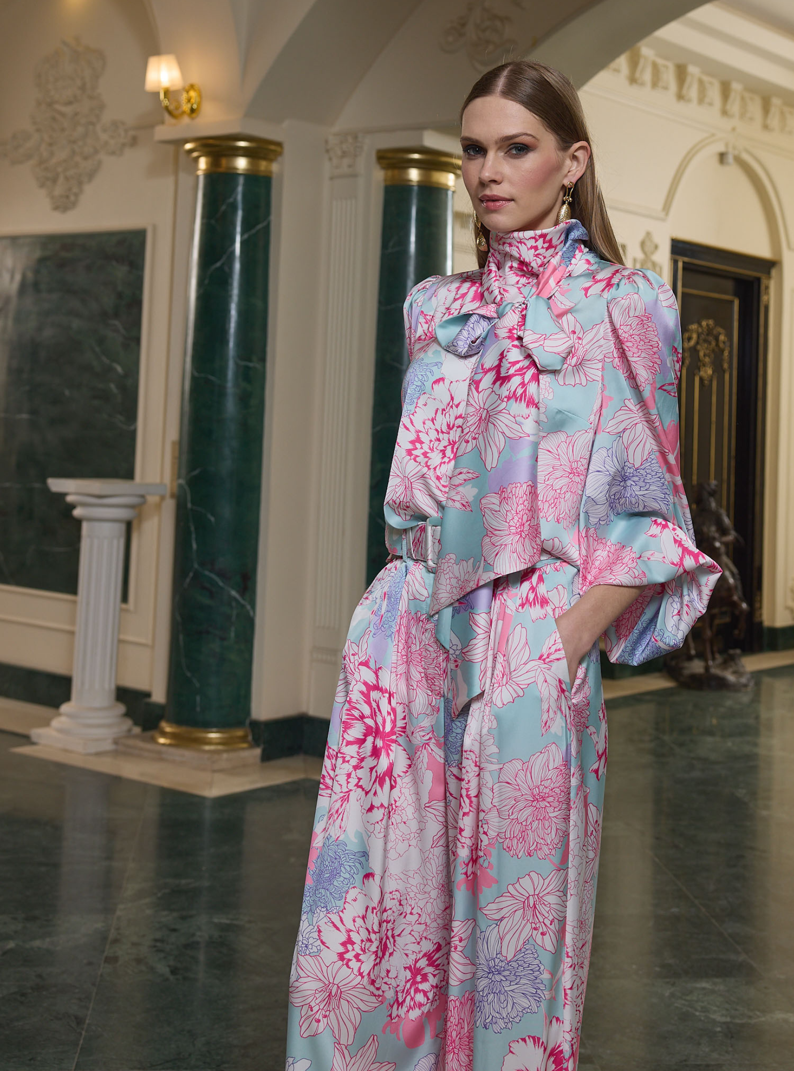 Printed High-Neck Blouse & Wide-Leg Palazzo Set - Store WF