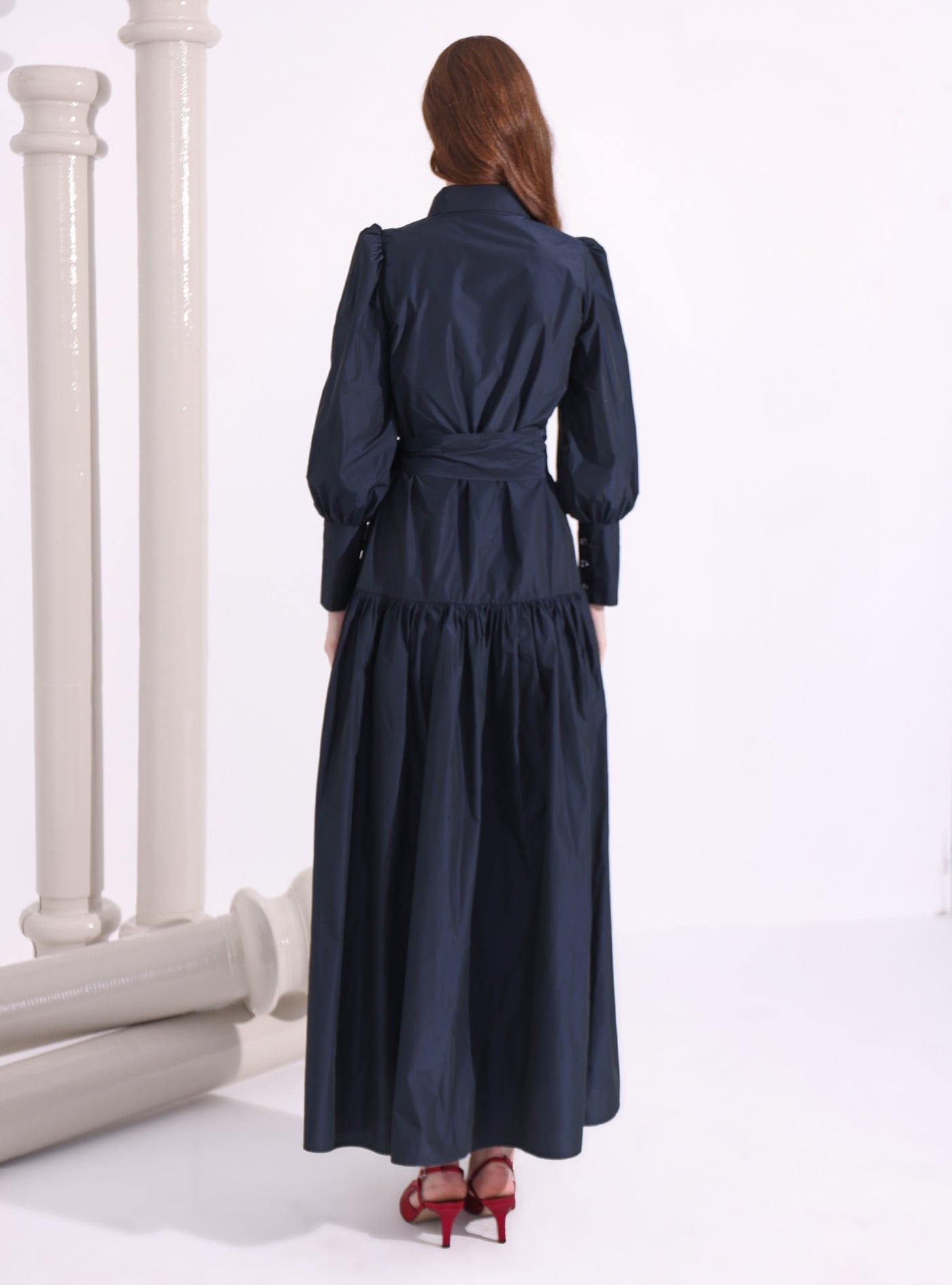 Navy Taffeta Cristal Button Maxi Dress